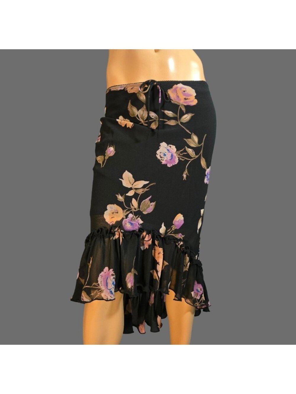 Vintage 90s Y2K Black Dark Floral Midi Slip Skirt Size S Ruffled Hem Whimsigoth